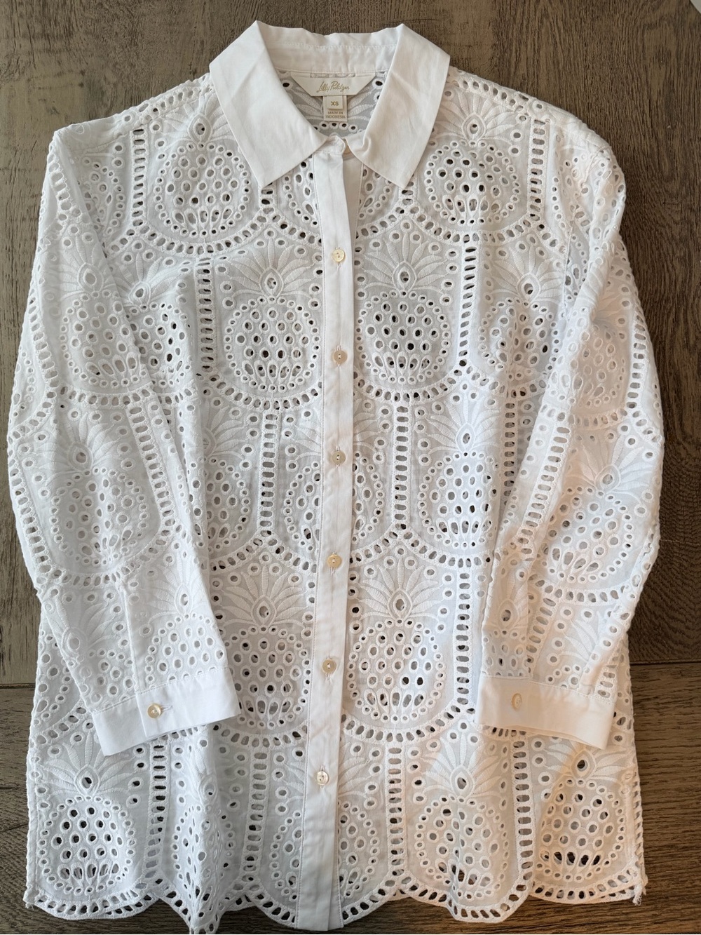 Lilly Pulitzer White Eyelet Button-Down Cotton Shirt NWOT Size XS
